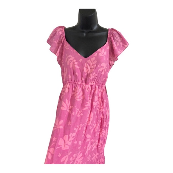 Pink floral motif flutter sleeve v-neck fit and flare maternity dress size large - Picture 11 of 13